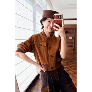 外套HL2501140 复古老钱皮衣女气质羊皮革短款 HERLAND她地 陈七