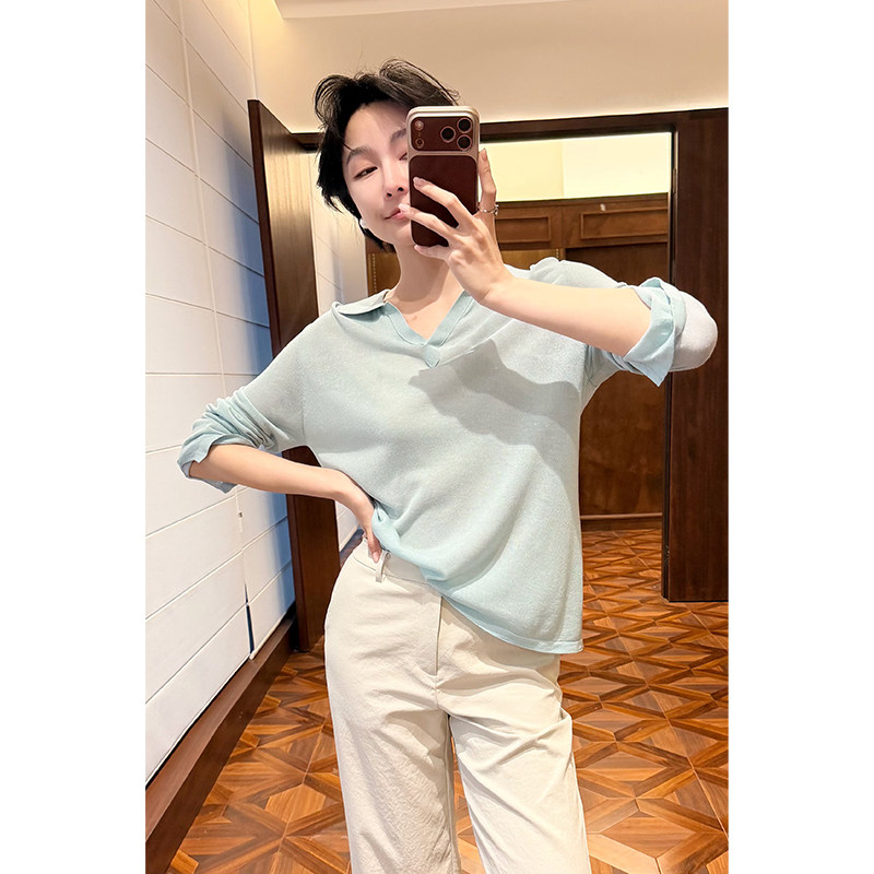 HERLAND她地 爱司 松弛感翻领针织衫女春夏宽松慵懒风罩衫