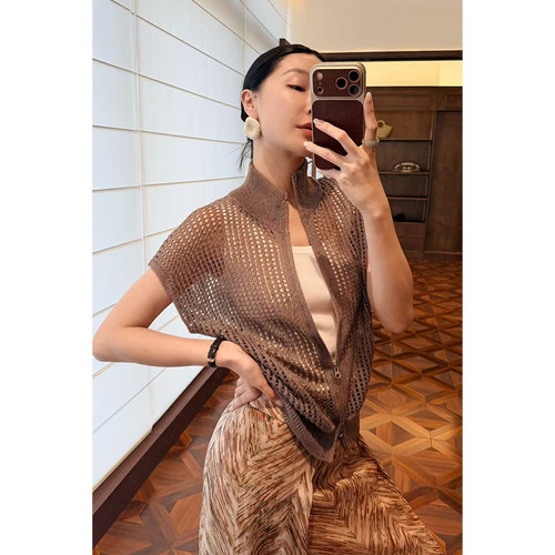 HERLAND她地 崔婶儿 BC网衫 高级感轻奢宽松半高领镂空针织马甲女