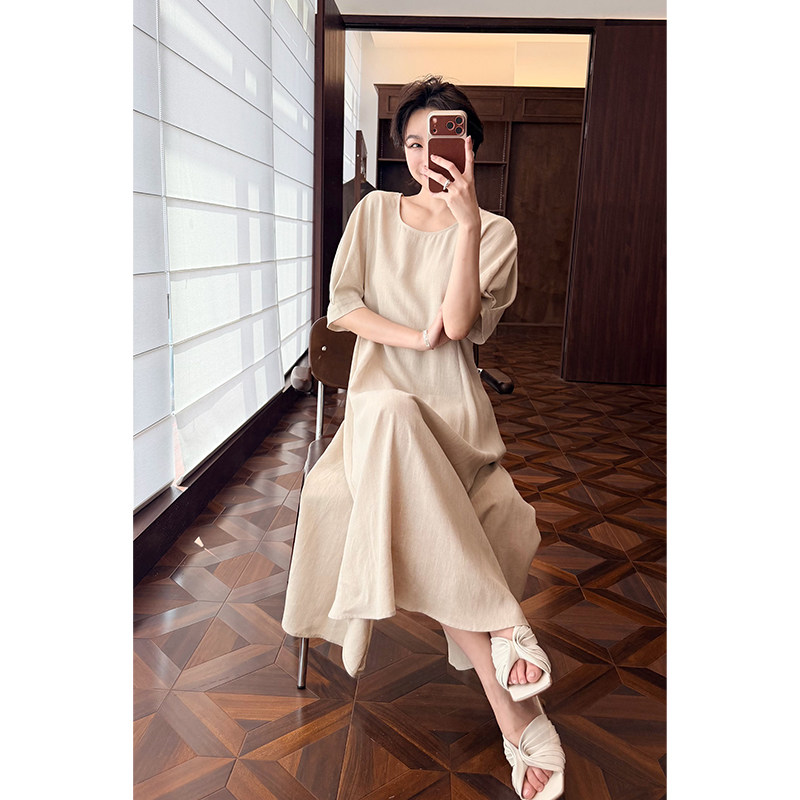 HERLAND她地 自在 天丝麻复古收腰连衣裙女春夏显瘦透气