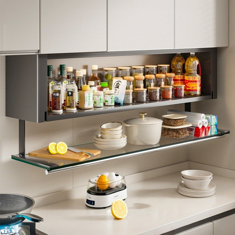 厨房吊柜下调料柜玻璃门下拉式调料架带门收纳柜壁挂上墙免打孔,厨房/烹饪用具,调料置物架,淘宝优惠券,粉丝福利购,淘宝优惠卷