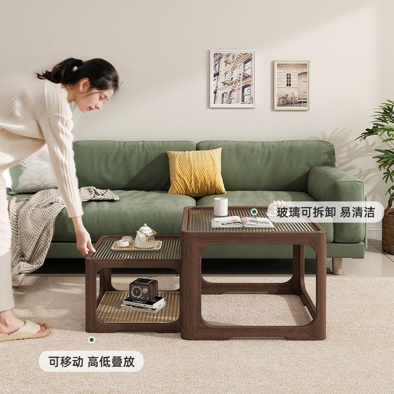 实木茶几客厅家用2025新款玻璃茶桌大小组合简约现代民宿藤编茶台