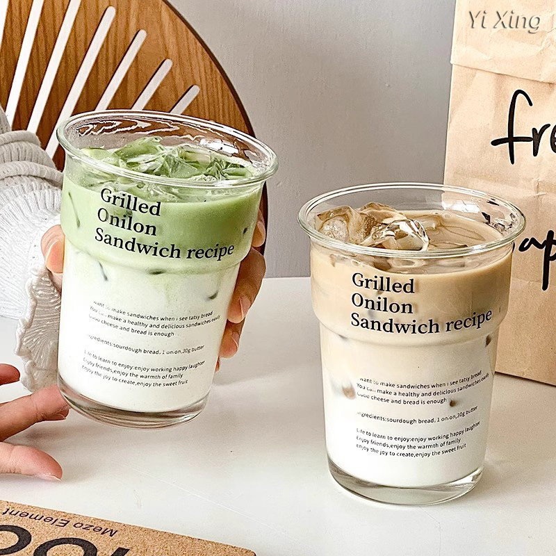 韩式ins风字母咖啡杯玻璃杯高颜值冷饮料果汁杯冰美式拿铁咖啡杯