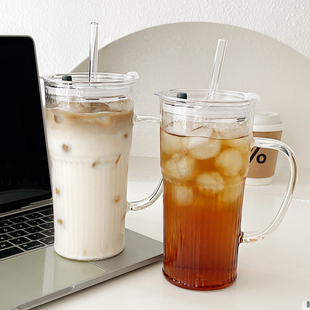 高颜值大容量玻璃杯耐高温加厚女学生办公室咖啡杯男士 吸管水杯子