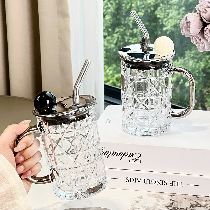 高颜值吸管玻璃水杯2025新款女家用办公室茶杯耐热带盖子把手咖啡