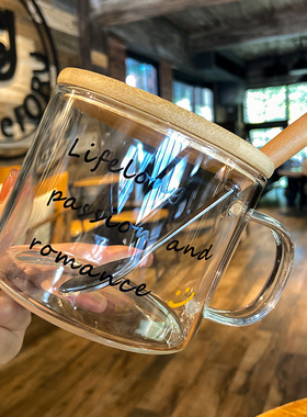 ins风带盖勺手柄咖啡杯耐热玻璃牛奶杯燕麦杯早餐杯酸奶杯豆浆杯