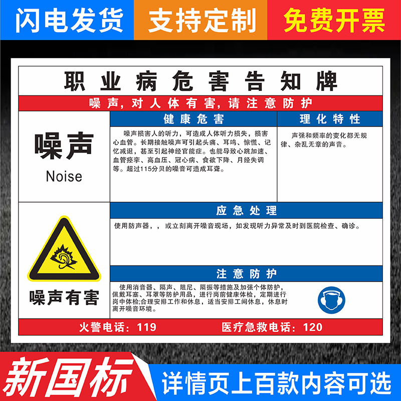 噪声职业病危害告知卡牌电焊烟尘弧光喷漆作业安全警示牌油墨天那水工车间化品车间化学品职业病危害标识卡牌
