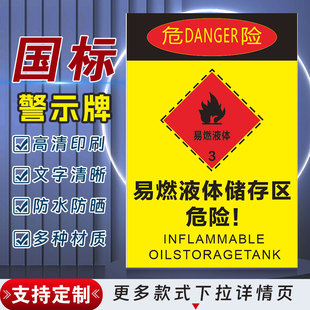易燃液体储存区危险！安全标识牌警示牌禁止吸烟有电危险提示指示牌严禁烟火标签贴纸PVC板KT板定制