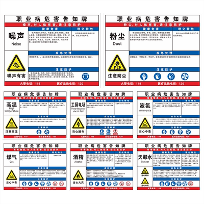 粉尘职业危害告知卡牌高温低温油漆天那水正已烷氢氧化铝有限空间电焊烟尘噪声X射线验厂安全消防标识牌定制
