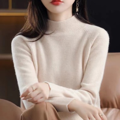 鄂尔多斯市产100%纯羊绒衫女半高领宽松羊毛打底衫加厚毛衣秋冬款