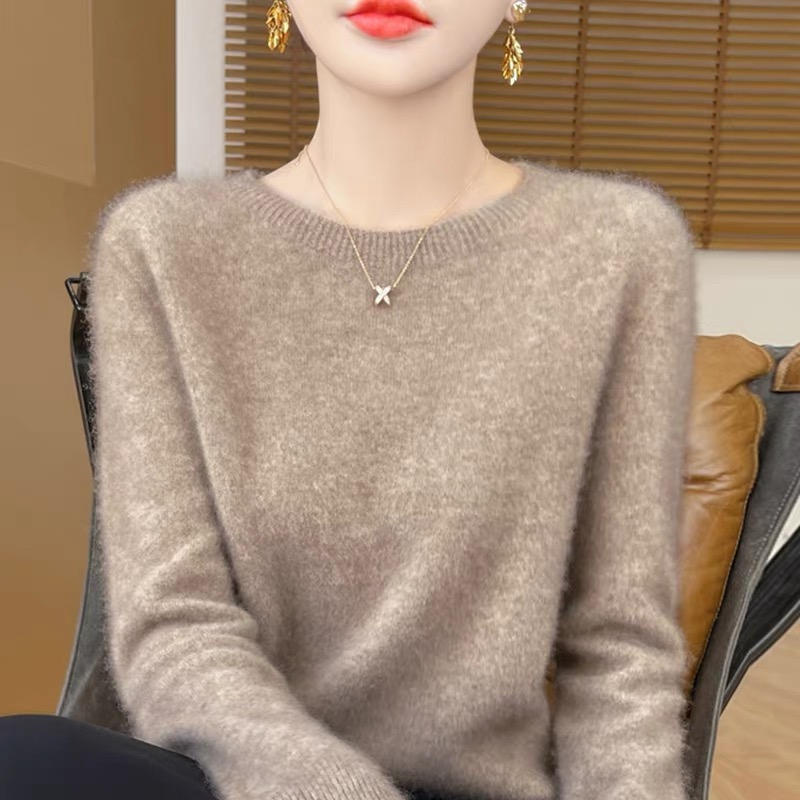 鄂尔多斯市圆领羊绒衫女宽松显瘦针织毛衣纯色内搭打底衫秋冬新款