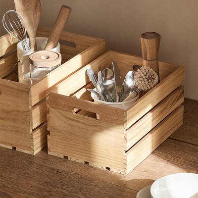 木理质篮收纳筐实木复FOW古桌面杂物整储物箱长方形房卫厨生间收