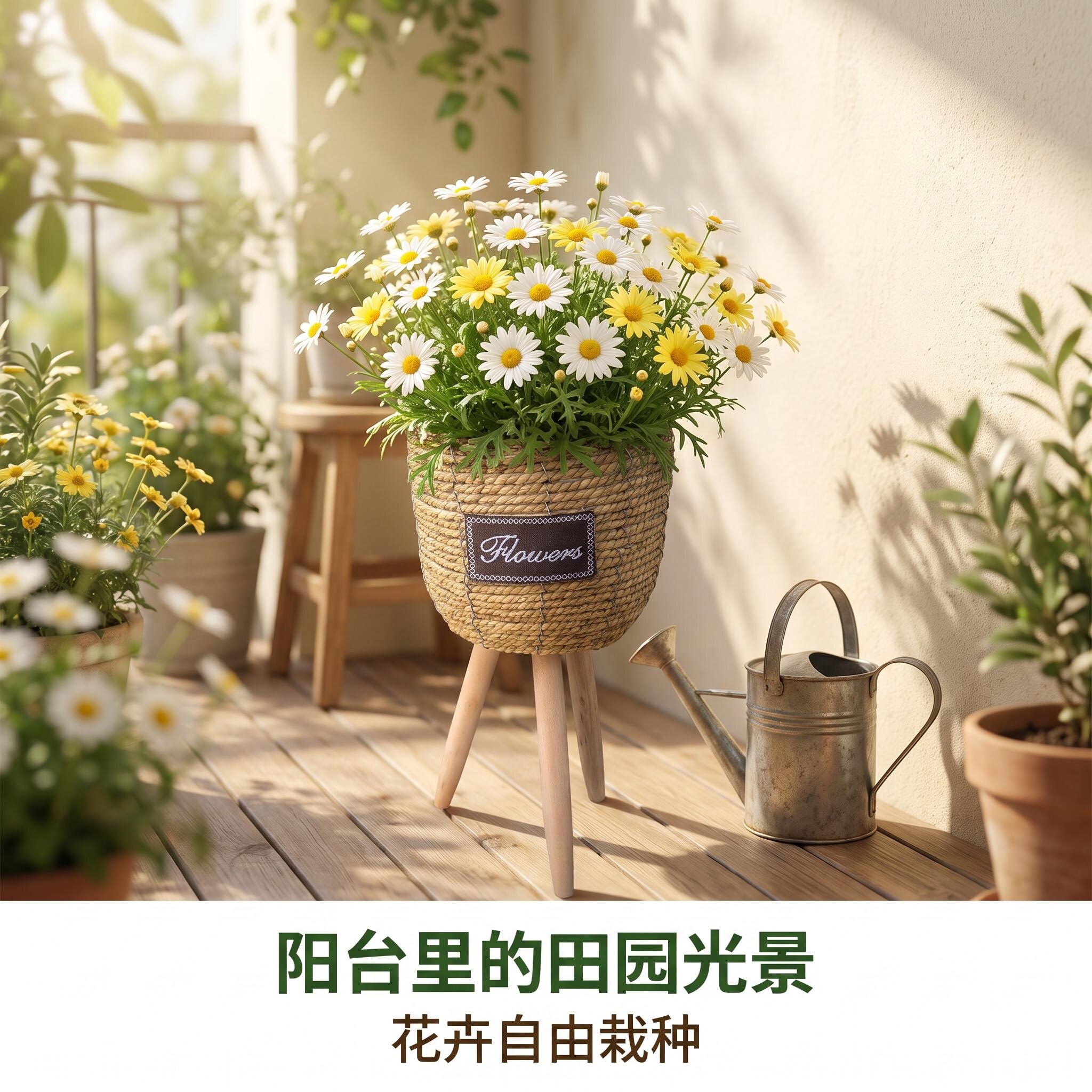北欧风格创意藤编草编花篮木质落花篮