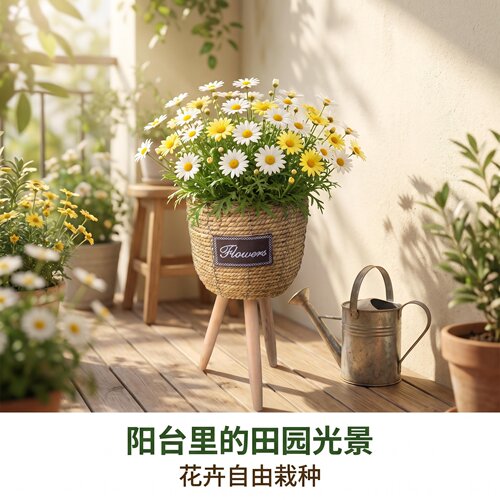 北欧风格创意藤编草编花篮木质落地式花架高室内客厅装饰绿萝花盆