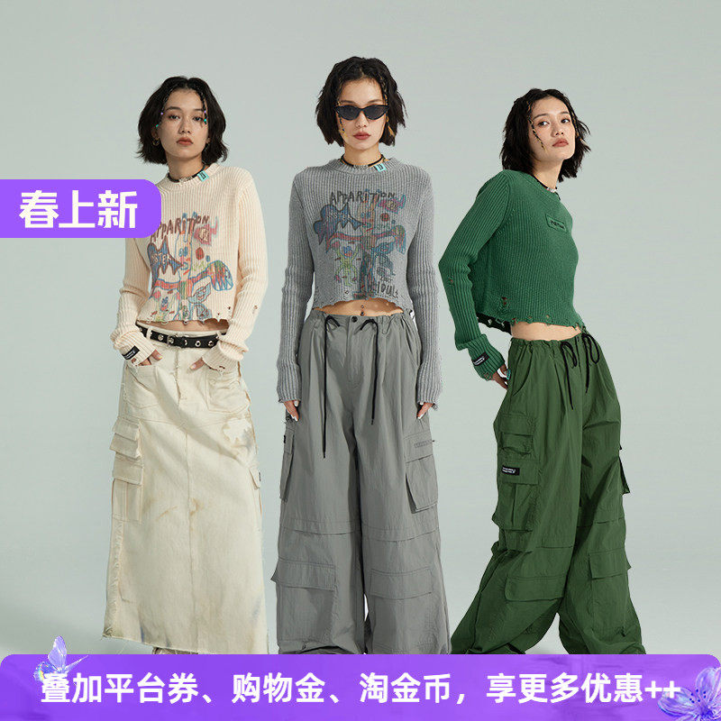 APPARITION 插画印花 手工破洞 圆领套头毛衫针织衫