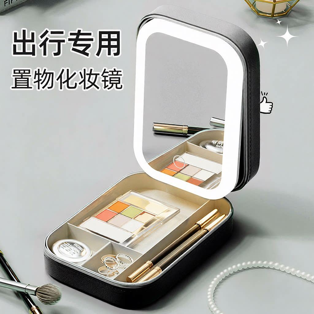 黑收纳盒化妆品包双层多功能镜子化妆镜LED化化妆镜子带灯便携