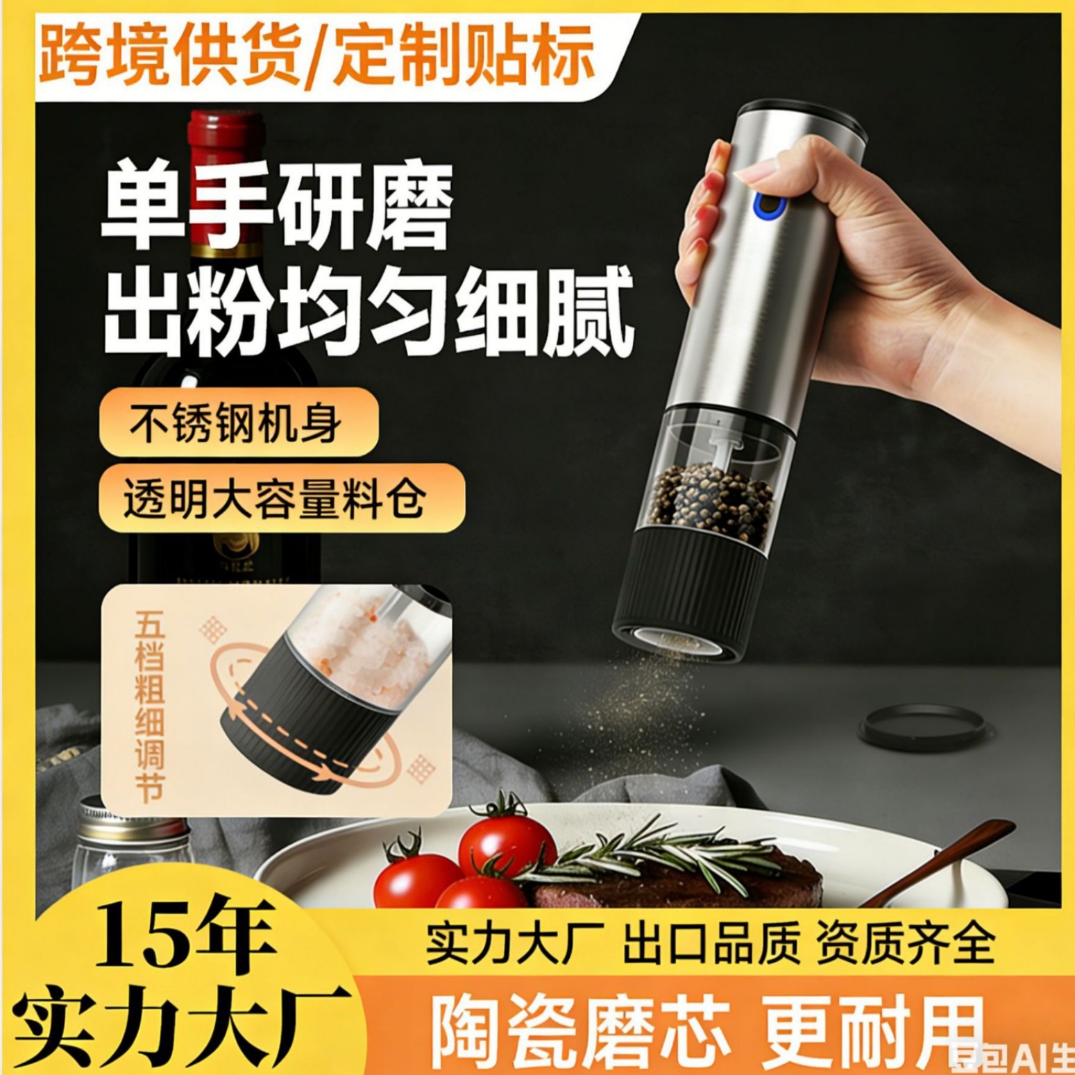 电动胡椒研磨器家用海盐研磨瓶家用自动调料磨粉器烧烤调味现磨器