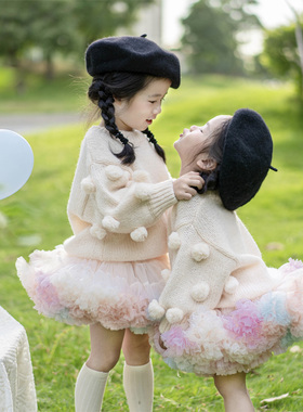 （现货）女童象牙白麻马海毛毛球毛衣二代TUTU裙马卡龙公主蓬蓬裙