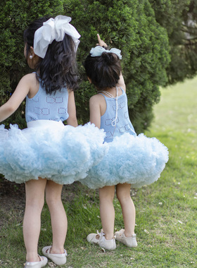 女童二代TUTU半身裙冰川蓝米白拼浅蓝网纱蓬蓬裙公主裙六一舞蹈裙