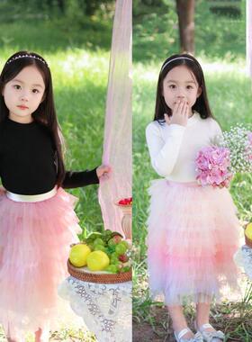 秋冬女童毛衣上衣羊毛女宝加厚打底衫圆领渐变色蛋糕半身裙洋气