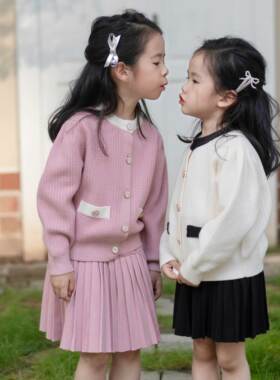 新款女童套装加厚小香风小女孩子毛衣开衫百褶半裙两件套洋气