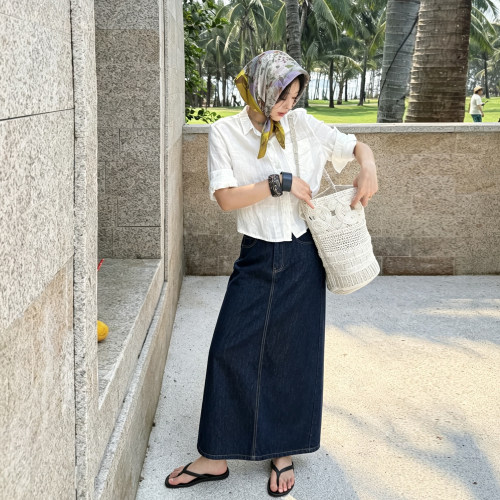 美式辣妹加长牛仔半身裙女高个子设计感无腰头a字直筒过踝长裙夏