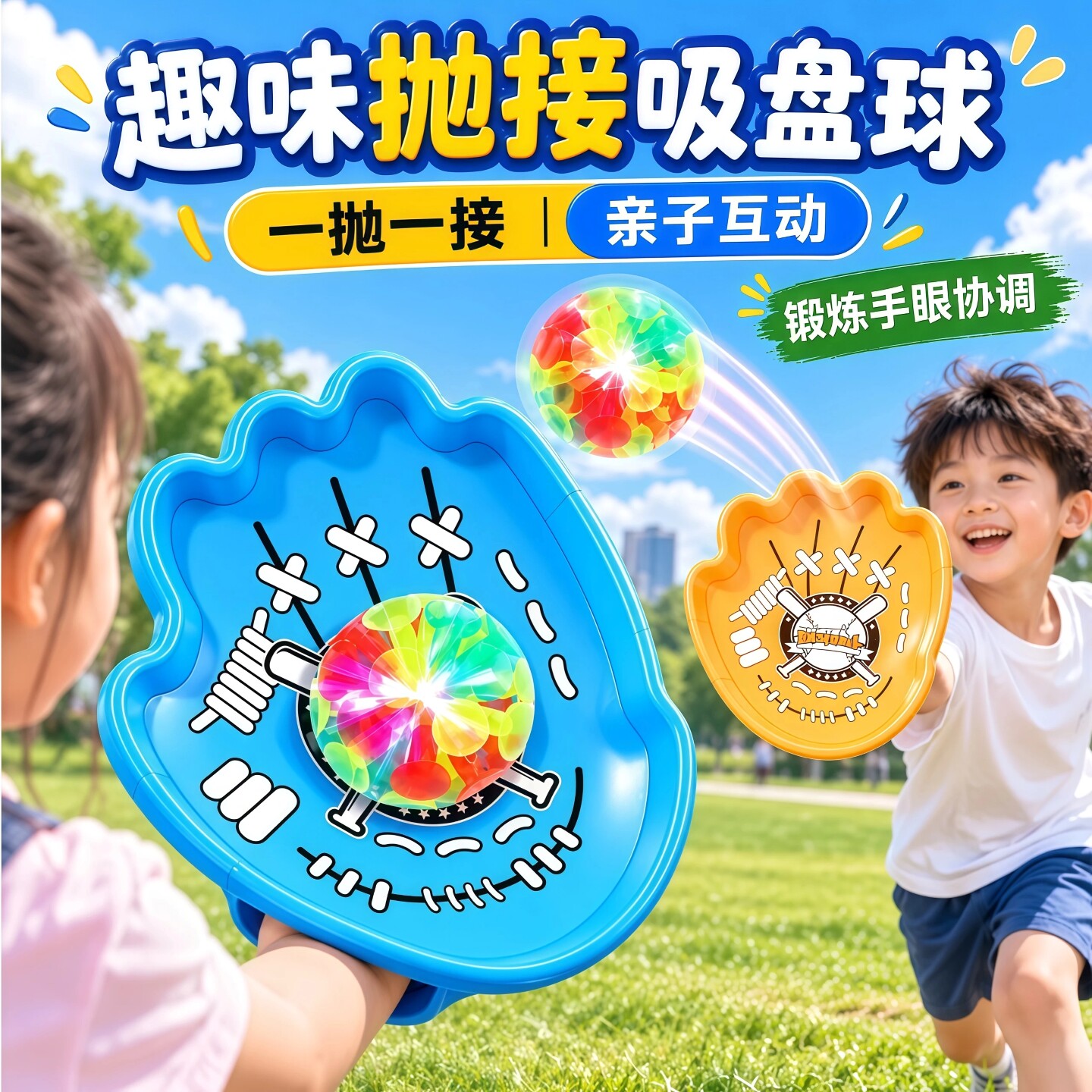 趣味吸盘抛接球儿童益智玩具亲子户外室内运动手掌粘粘球互动球拍