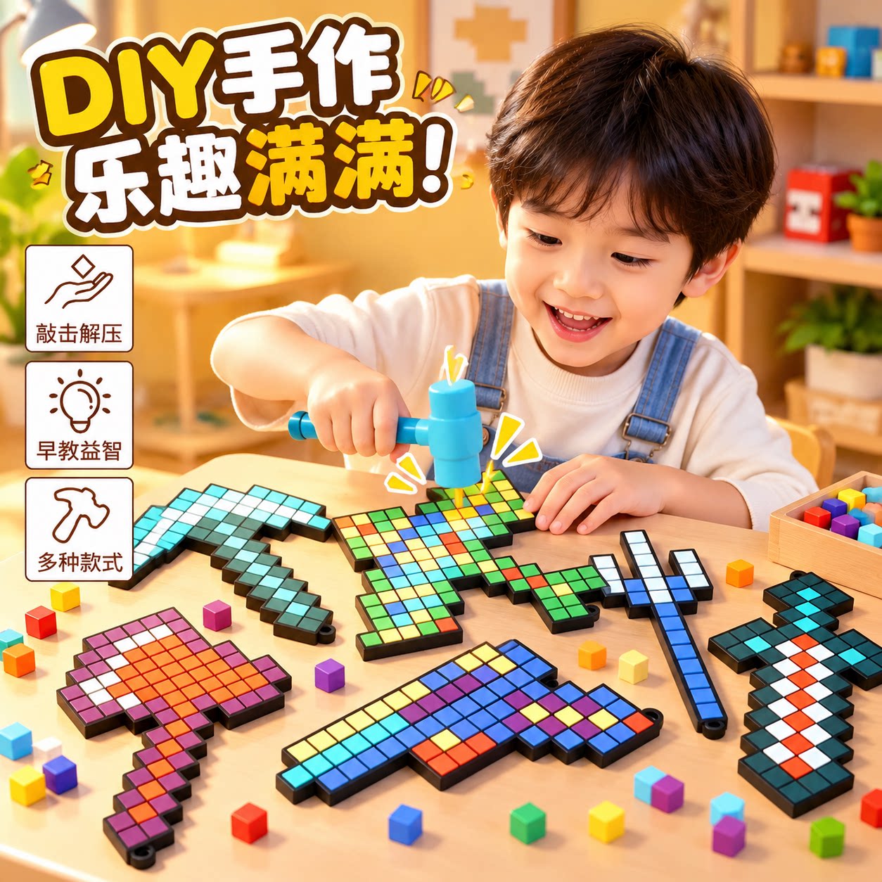 像素敲豆豆套装3D立体我的拼豆世界DIY手工制作男女孩敲敲乐玩具