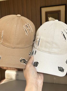 美式复古做旧破洞鸭舌帽子女宽檐大头围显脸小遮太阳防晒棒球帽男