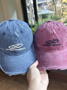 复古做旧破洞水洗牛仔棒球帽子女宽檐深顶显脸小遮阳刺绣鸭舌帽男