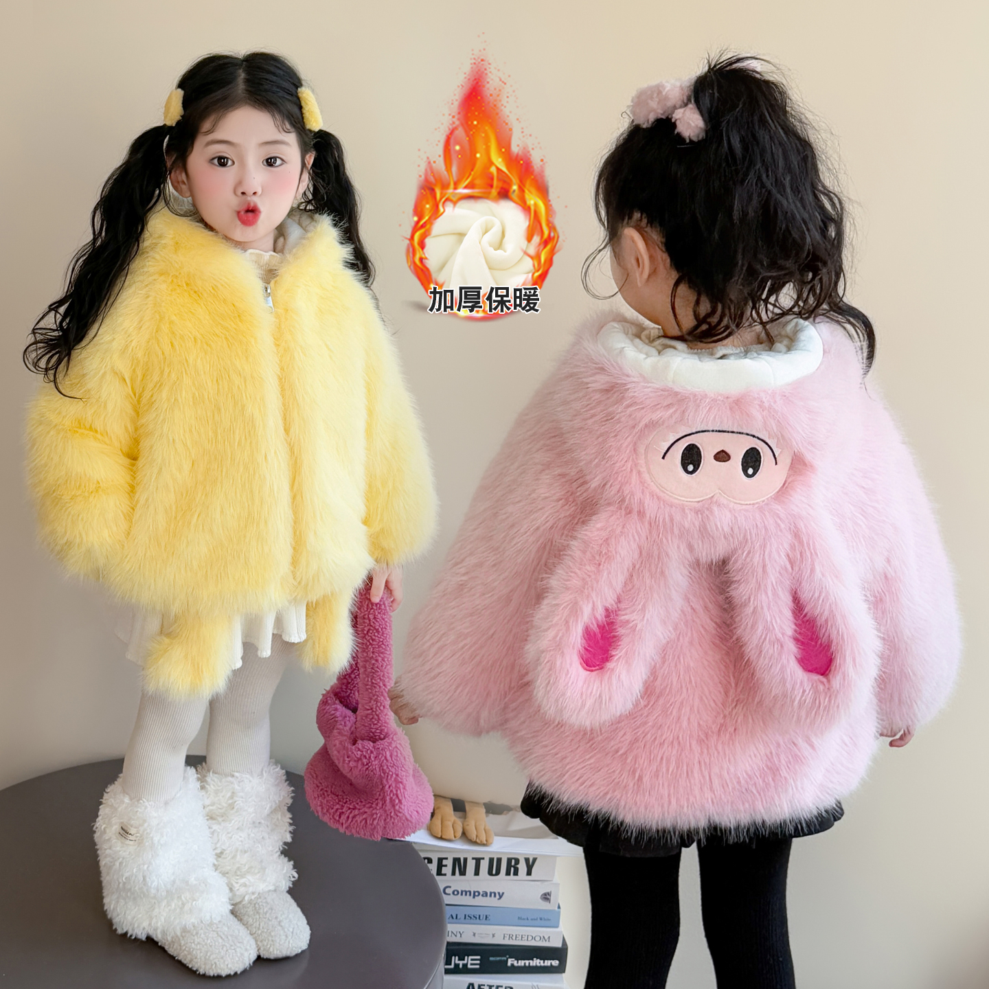 女童加绒外套秋冬装2025新款儿童卡通拉布布棉袄女宝宝加厚毛毛衣