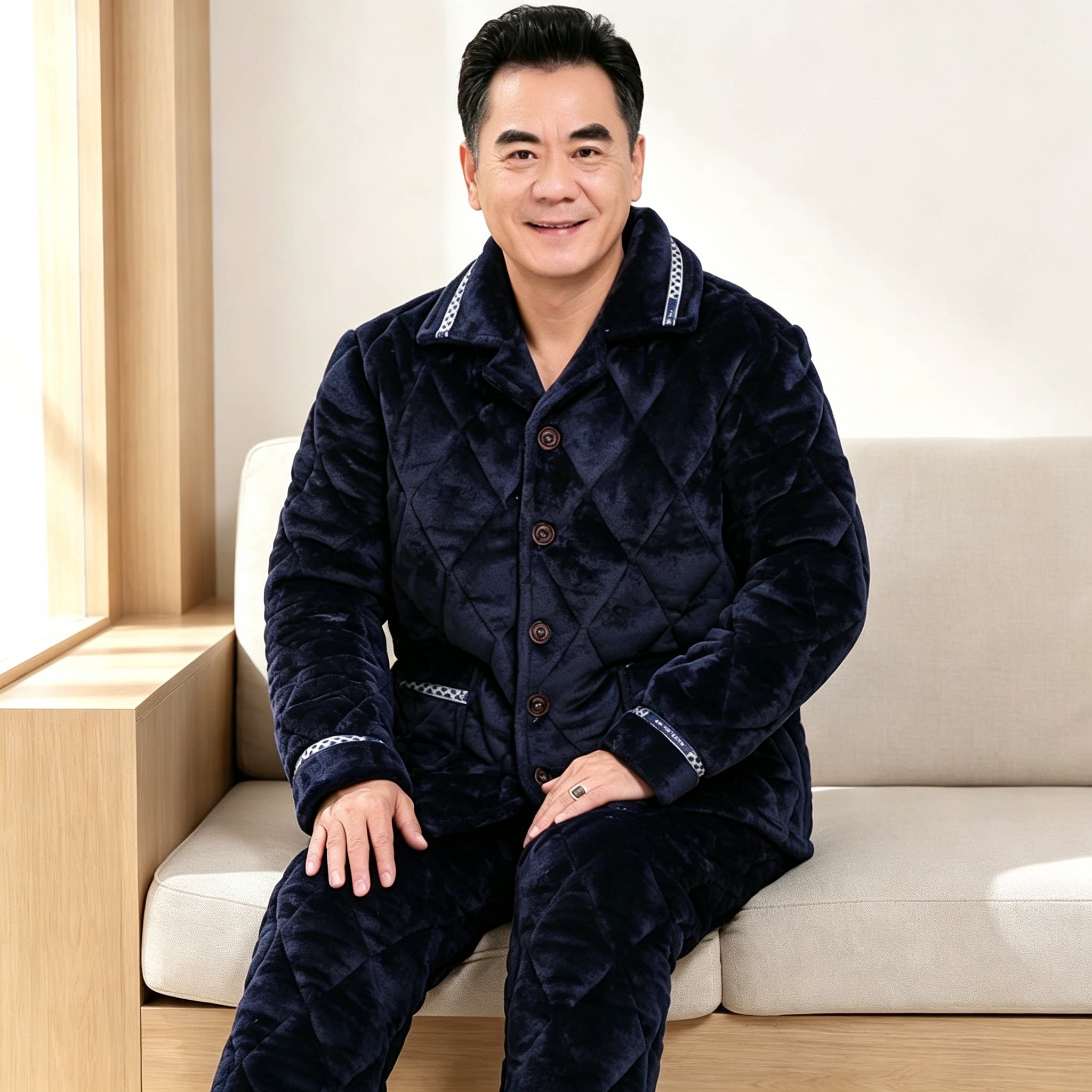 全棉纯棉冬季中老年人睡衣男士珊瑚绒夹棉三层加厚加绒保暖爸爸家