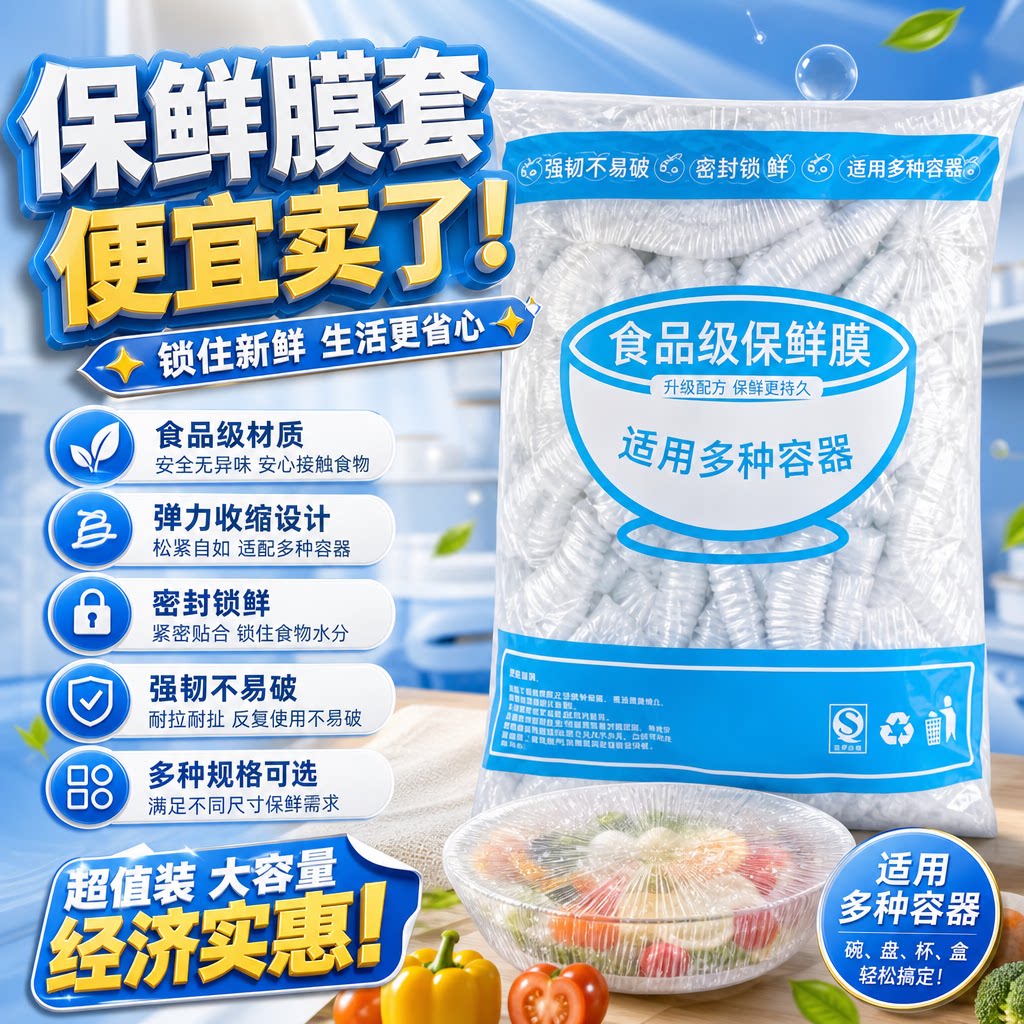食品级PE保鲜膜套一次性密封锁鲜强韧不易破大容量碗盘覆盖膜便宜