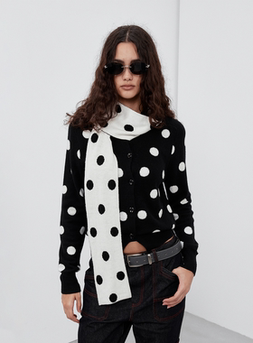 Sound of trio*复古波点提花正肩羊毛混纺针织休闲含围巾开衫