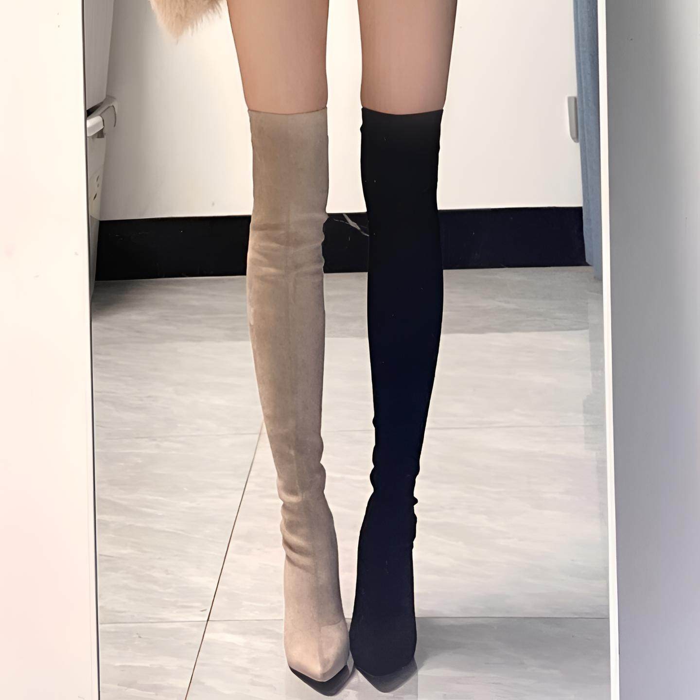 黑色高跟过膝长靴女2025新款秋冬季弹力绒面尖头高筒瘦瘦靴长筒靴,女鞋,时装靴,淘宝优惠券,粉丝福利购,淘宝优惠卷