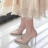 女夏仙女风尖头细跟一字带漆皮后空高跟单鞋 法式 裸粉水钻包头凉鞋