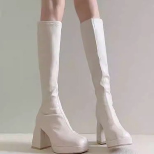 瘦瘦靴长靴2026新款 圆头高跟骑士靴女粗跟高筒厚底靴长筒秋冬靴子