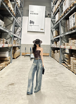 ISGRX 唐顿庄园 原创设计秋冬牛仔高个子阔腿拖地裤低腰裤直筒