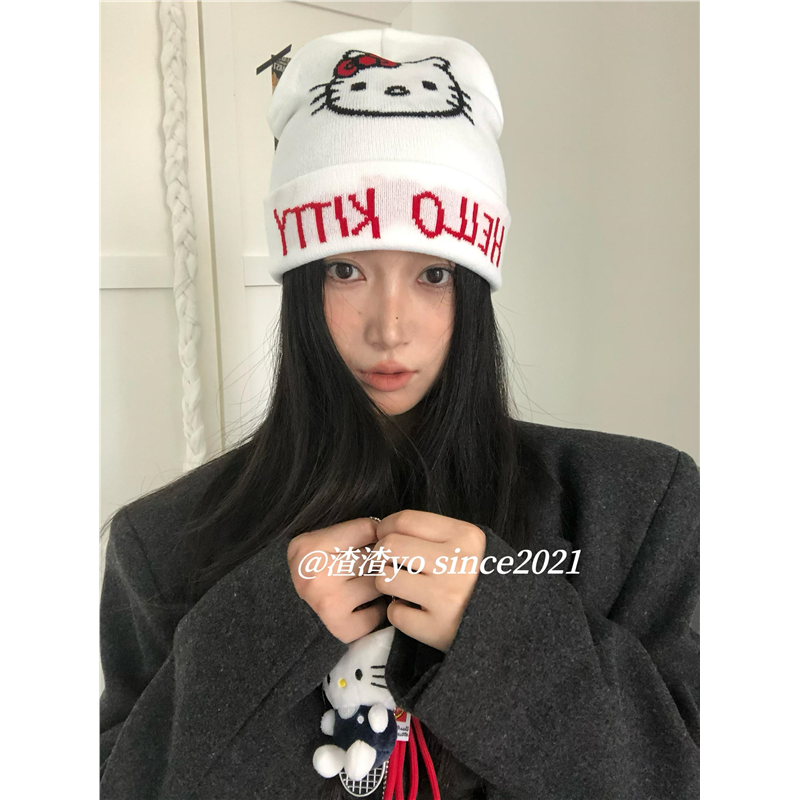 渣渣Yo韩系初秋kitty凯蒂猫冷帽白色保暖百搭可爱ins毛线针织帽女
