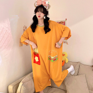 连体睡衣女春夏季薄款可爱卡通背带裤棉质短袖家居服可外穿套装