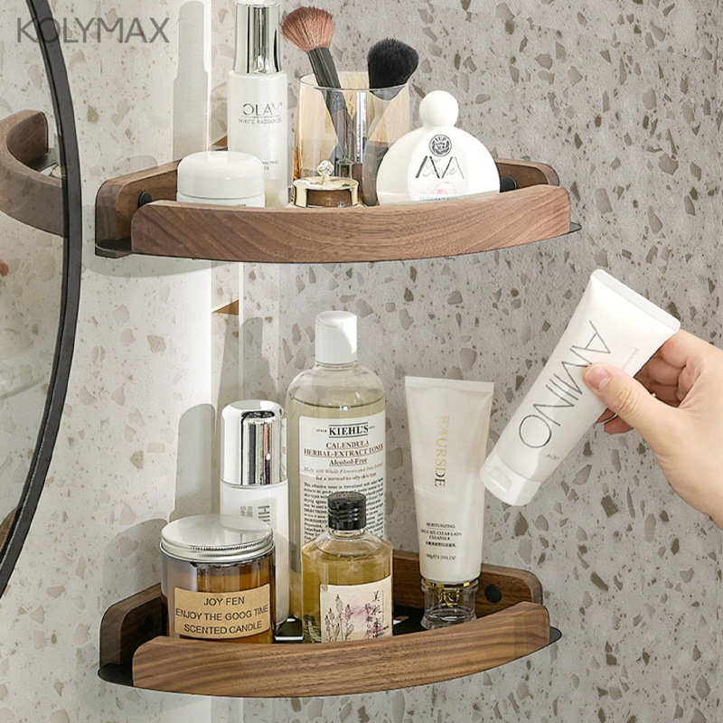 胡桃木免打孔浴室用品墙角收纳架