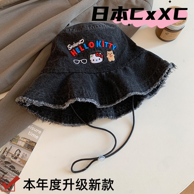 日系可爱猫刺绣毛边牛仔渔夫帽子女款春秋韩版大帽檐登山帽e204