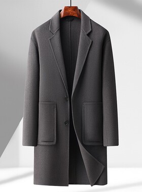 简约秋冬新款羊毛双面呢大衣男士长款纯手工缝制羊毛呢大衣外xl28