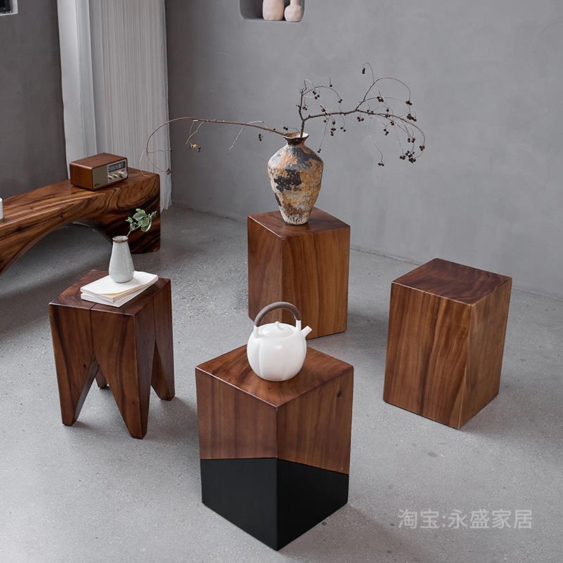 设计师胡桃木实木墩子边几酒店民宿客厅摆件木桩原木矮凳根雕茶几
