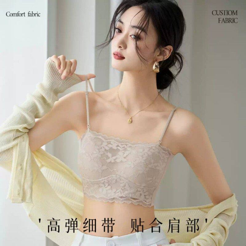 欧若风固定杯运动内衣一体式细肩带蕾丝美背聚拢抹胸一字肩文胸罩