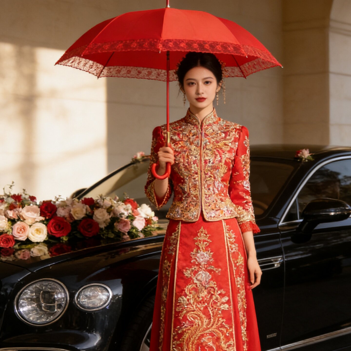 新品婚庆结婚新娘伞接亲出嫁大红伞纯色长柄蕾丝边喜庆全自动雨伞