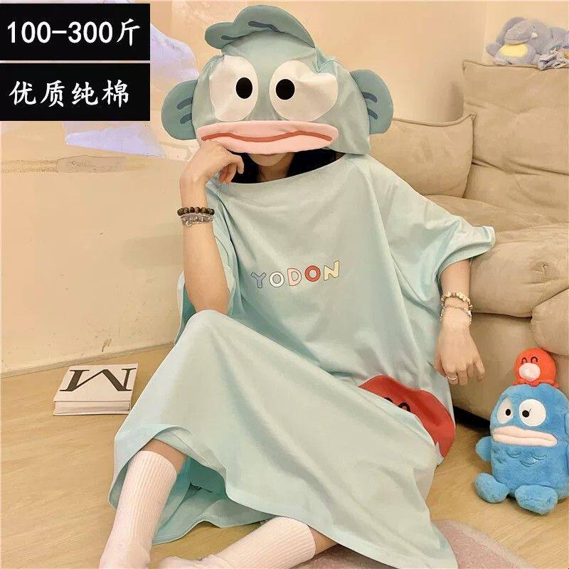 丑鱼连帽睡裙女夏季短袖纯棉加肥大尺码胖MM300斤长版宽松睡衣裙