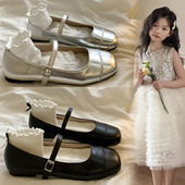 浅口单鞋 夏法式 2026春季 平底百搭银色玛丽珍鞋 公主 新款 女童小皮鞋