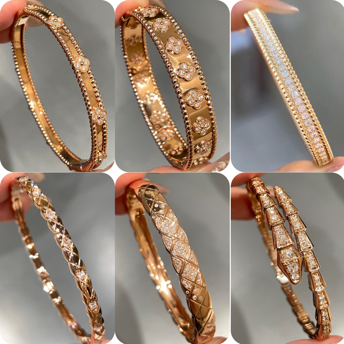 玫瑰金新款宽窄版满钻万花筒光面蛇形菱格手镯女小众轻奢叠戴百搭