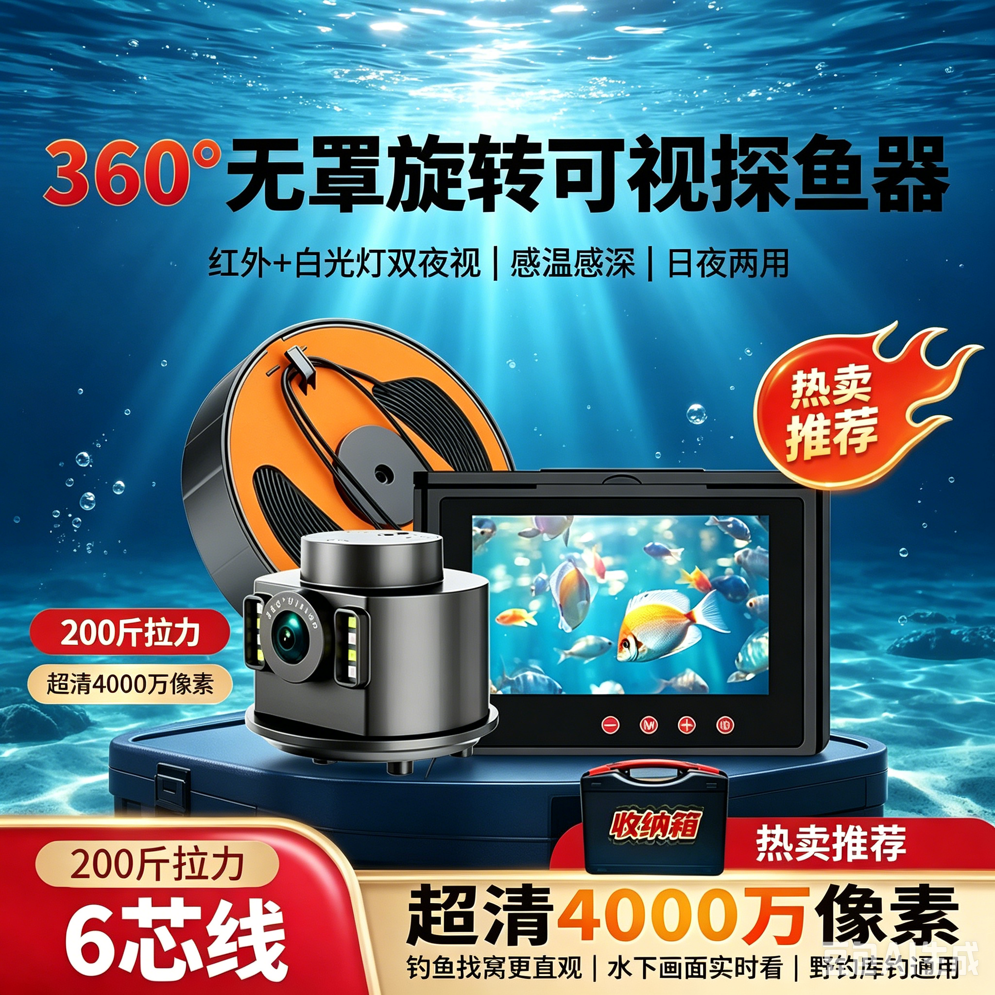 2026新款全防水下超清360度全景旋转感温感深可视钓鱼看鱼摄像头